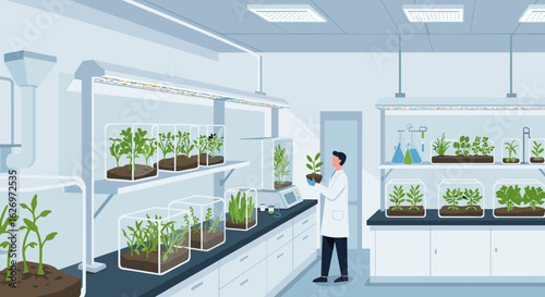 Caucasian male researcher in laboratory analyzing plant growth in a controlled environment. Vector illustration