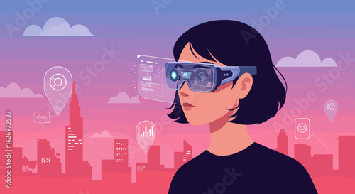 Young asian female experiencing augmented reality in urban setting with vr glasses. Vector illustration