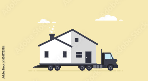 House on a truck: minimalist transportation illustration of a portable home. Vector illustration