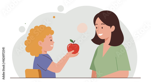Child offering apple to female teacher in classroom scene cartoon. Vector illustration