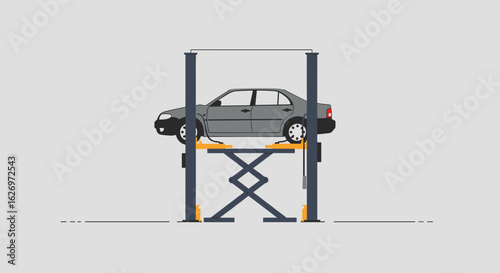 Car lift in auto workshop for vehicle maintenance and repair services. Vector illustration