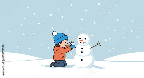 Young caucasian boy building a snowman in winter landscape with falling snowflakes. Vector illustration