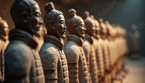 Terracotta army statues, ancient Chinese warriors in detailed pottery armor, stand in formation. These historical sculptures represent powerful military culture, historical artifact from Qin Dynasty.