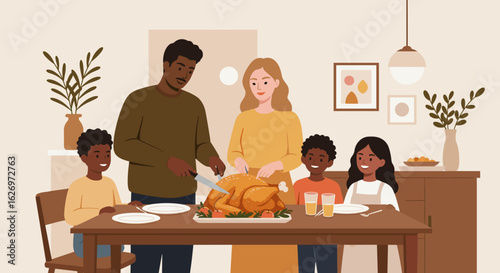 Family dinner with african male and caucasian female preparing turkey for celebration. Vector illustration