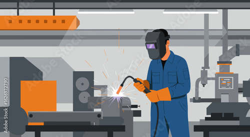 Young african male welder in blue suit working with welding torch in industrial workshop. Vector illustration
