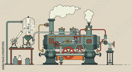 Vintage steam engine diagram with laboratory equipment and detailed components. Vector illustration