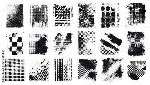 Punk grunge texture set. Distressed halftone geometric pattern collage. Poster overlay glitched vector effect