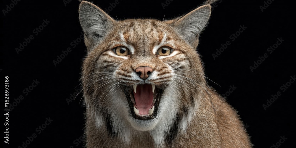 Obraz premium Close-Up Portrait of a Bobcat Showing Sharp Teeth and Intense Gaze