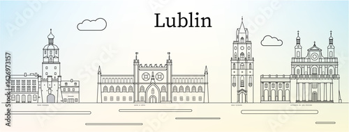 Lublin city skyline with main landmarks (Krakowska gate, Castle, Cathedral and Trynitarska tower)  - line art vector illustration