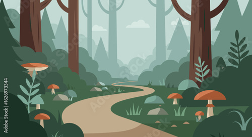 Tranquil forest pathway with mushrooms and tall trees in a serene woodland setting. Vector illustration