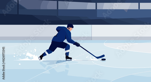 Male hockey player skating on ice rink in winter sports game. Vector illustration