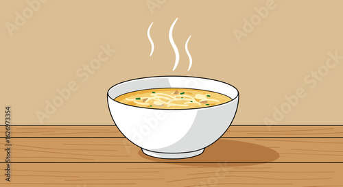 Steaming bowl of noodle soup on wooden table with chives and broth. Vector illustration