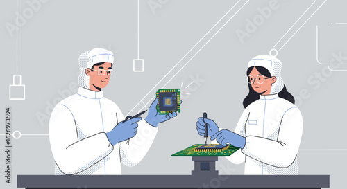 Asian male and female scientists working on microchips in a modern laboratory setting. Vector illustration