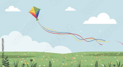 Colorful kite flying in a clear blue sky over a flower-filled meadow. Vector illustration