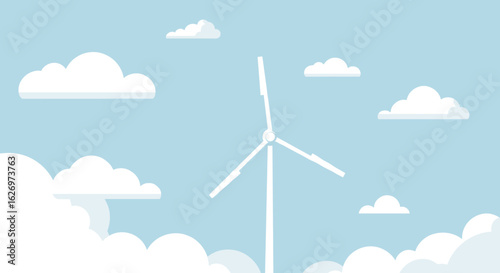 Wind turbine in cloudy sky illustration with blue background for renewable energy concept. Vector illustration