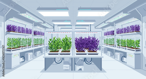 Futuristic indoor hydroponic farm with advanced led lighting for sustainable agriculture. Vector illustration