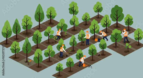 Young caucasian male workers planting trees in urban park for environment restoration. Vector illustration