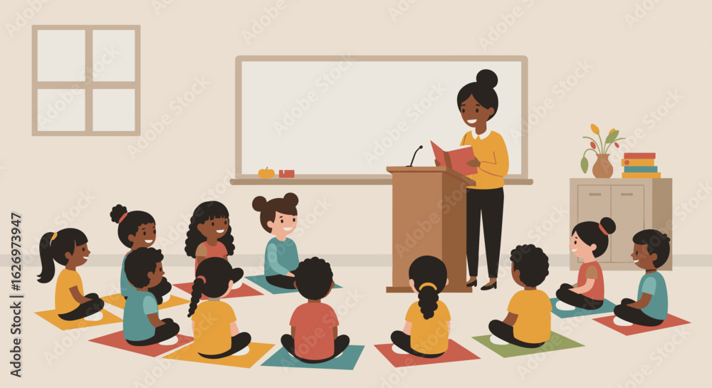 Obraz premium African female teacher reading to diverse group of young children in classroom setting. Vector illustration