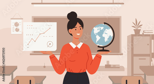 Female teacher in classroom holding graph and globe for geography lesson. Vector illustration