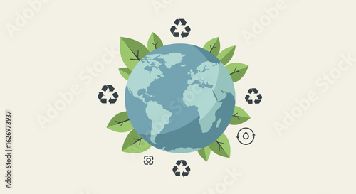 Global renewable sustainability with recycling and nature conservation symbols surrounding earth. Vector illustration
