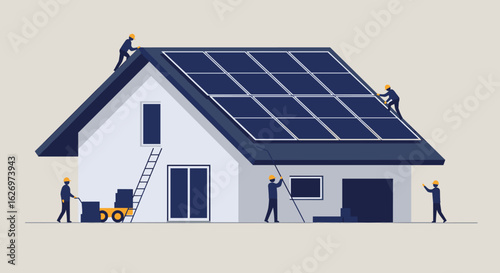Workers installing solar panels on modern house roof with precise coordination. Vector illustration