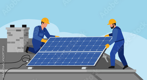 Two male caucasian adults installing solar panels on a rooftop in blue uniforms and yellow helmets. Vector illustration