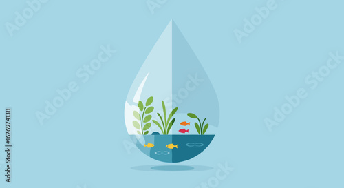 Aquatic life in raindrop terrarium with fish and plant illustration. Vector illustration