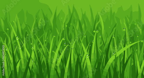 Lush green grass with dew drops in a tranquil nature scene. Vector illustration