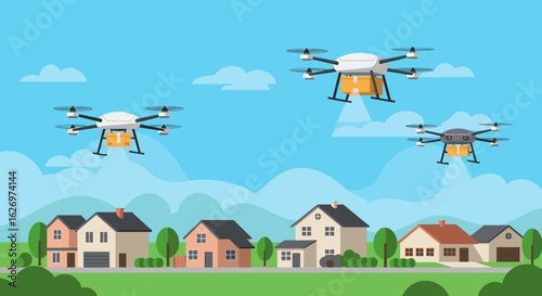 Delivery drones flying over suburban neighborhood with houses and greenery. Vector illustration