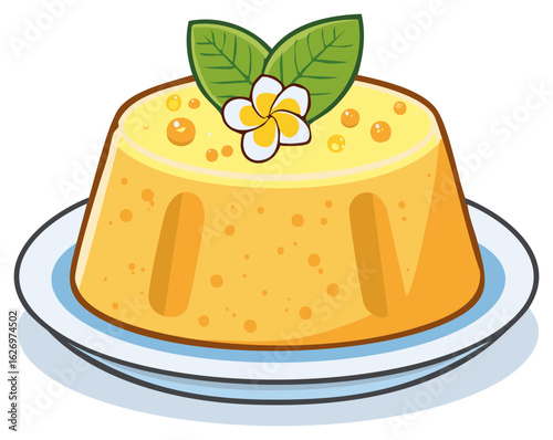 Sweet yellow flan or custard pudding dessert on a plate with a tropical flower garnish illustration