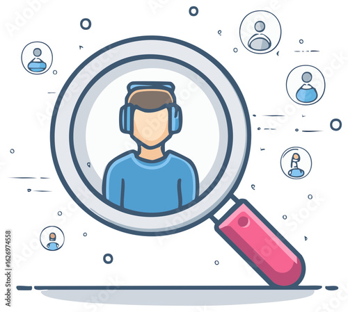 Employee Search Illustration with Magnifying Glass and People Icons, Recruitment Concept, Job Search, Headhunting
