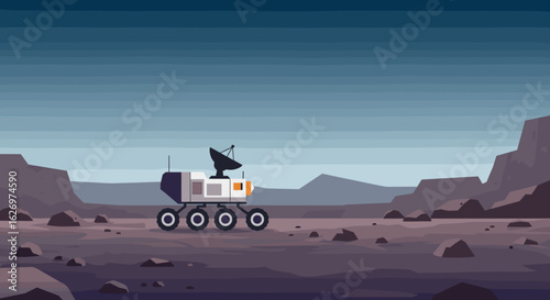 Mars rover on rocky terrain under vast sky with antennas and wheels. Vector illustration