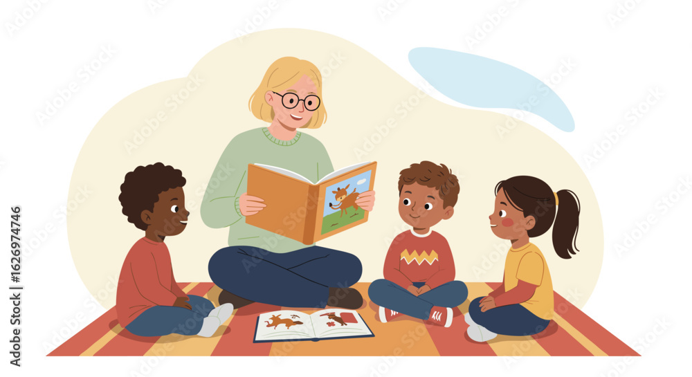 Caucasian female teachers young children reading together illustration. Vector illustration Caucasian female teachers young children reading together illustration. Vector illustration