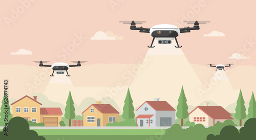 Drones patrolling suburban neighborhoods at sunset. Vector illustration