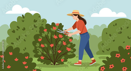 Caucasian female adult gardening with pruning shears in lush green park landscape. Vector illustration