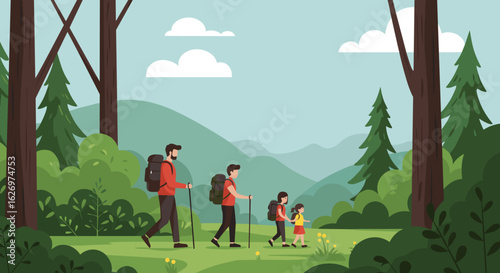 Family hiking adventure in forest: asian adults and children enjoy nature. Vector illustration