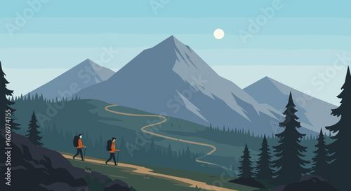 Two hikers trekking mountain trail under blue sky with sun and pine trees. Vector illustration