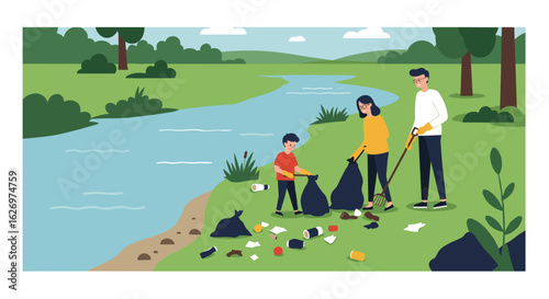 Family volunteers cleaning riverside, collecting litter in bags, caucasian adults and child. Vector illustration