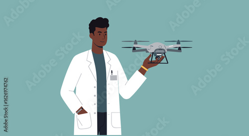 African male adult holding drone in laboratory coat on blue background. Vector illustration