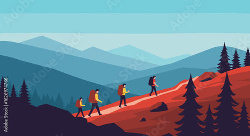Group of hikers trekking a mountain trail in scenic forest landscape. Vector illustration