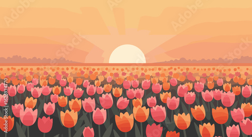 Sunset over vibrant tulip field with orange and pink blossoms. Vector illustration