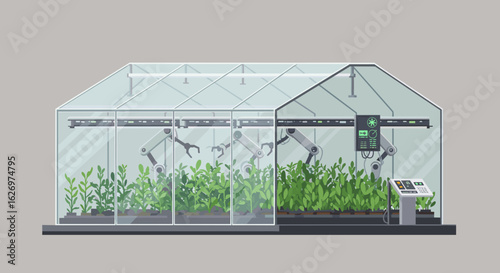 Automated greenhouse with robotic arms nurturing plants for efficient indoor agriculture. Vector illustration