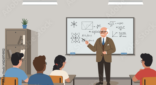 Elderly caucasian male teaching diverse students in classroom with mathematical equations on whiteboard. Vector illustration