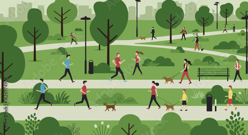 People in park exercising and walking dogs, urban green space, multiracial, adults and children. Vector illustration