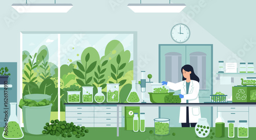 Asian female scientist in laboratory conducting environmental research with plants and equipment. Vector illustration