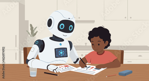 African child and robot collaborate on homework at home table, learning and technology interaction. Vector illustration