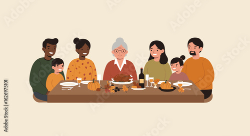 Multiracial family celebrating thanksgiving dinner together at a festive table. Vector illustration