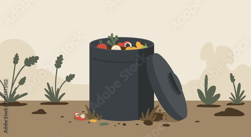 Compost bin with food scraps and organic waste in a garden setting for eco-friendly recycling. Vector illustration