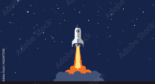 Rocket launching into starry night sky with trail of flames illustrating exploration and adventure. Vector illustration