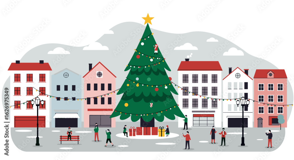 custom made wallpaper toronto digitalFestive town square with christmas tree and people celebrating in winter. Vector illustration